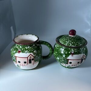 Little Cabin in woods creamer and sugar with lid